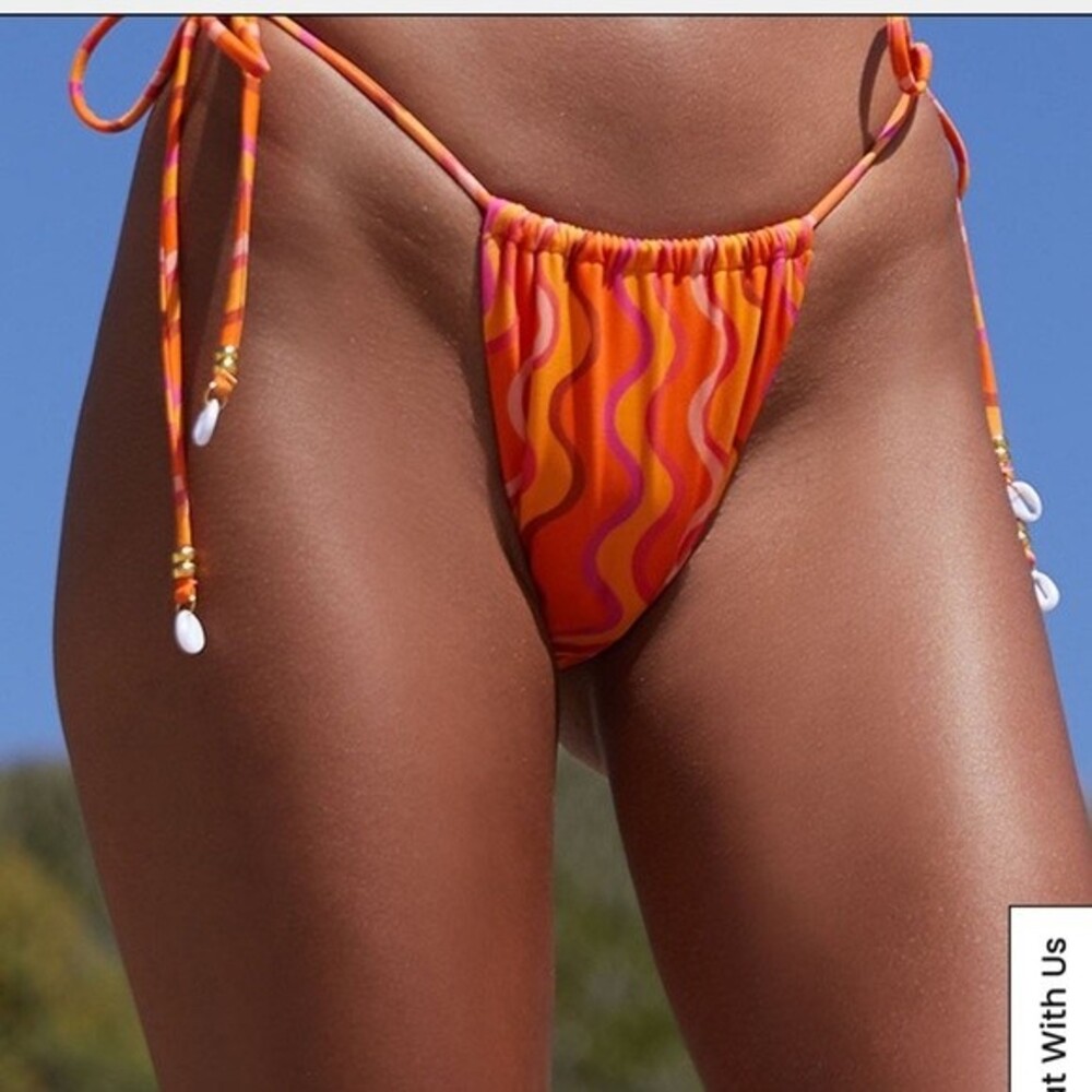 Kendall + Kylie Bikini Bottoms Womens XL Orange Splash High Cut Side Tie B3 - Picture 8 of 9